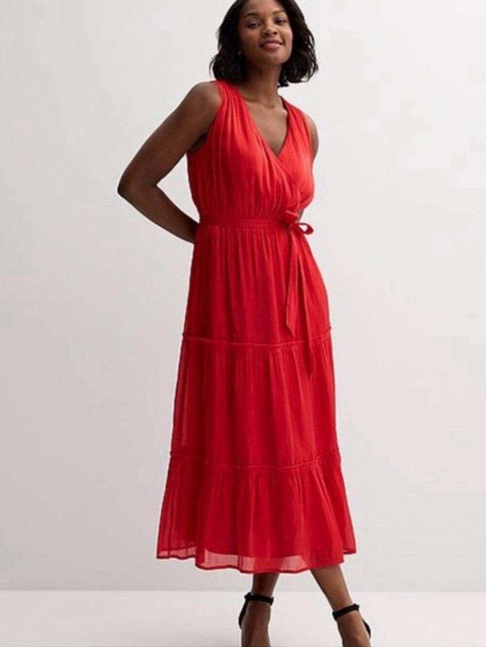 Draper James V-Neck Red Tiered Maxi Dress with Waist Tie Sz XS NWT